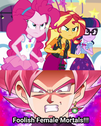 Size: 1660x2076 | Tagged: safe, artist:patricksiegler, edit, edited screencap, imported from derpibooru, screencap, pinkie pie, sci-twi, sunset shimmer, twilight sparkle, human, equestria girls, equestria girls series, rollercoaster of friendship, angry, angry face, dragon ball, dragon ball super, geode of empathy, geode of sugar bombs, geode of telekinesis, goku black, magical geodes, racism, super saiyan rosé