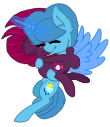 Size: 833x954 | Tagged: safe, artist:徐詩珮, imported from derpibooru, fizzlepop berrytwist, spring rain, tempest shadow, pony, unicorn, artificial wings, augmented, base used, bridal carry, broken horn, carrying, female, horn, hug, lesbian, magic, magic wings, mare, shipping, simple background, springshadow, transparent background, wings