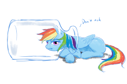 Size: 1920x1280 | Tagged: safe, artist:amarthgul, imported from derpibooru, rainbow dash, pegasus, pony, bottle, female, newbie artist training grounds, prone, silly, silly pony, simple background, solo, stuck, transparent background