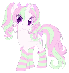 Size: 1920x2039 | Tagged: safe, artist:centchi, imported from derpibooru, oc, oc only, oc:rosy cheeks, pony, unicorn, bow, clothes, deviantart watermark, eyeshadow, female, makeup, mare, obtrusive watermark, simple background, socks, solo, striped socks, tail bow, transparent background, watermark