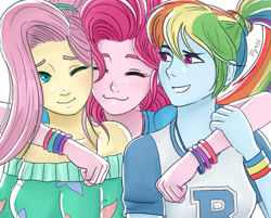 Size: 670x540 | Tagged: safe, artist:pyroprye, imported from derpibooru, fluttershy, pinkie pie, rainbow dash, equestria girls, equestria girls series, bracelet, clothes, colored eyebrows, cute, dashabetes, diapinkes, eyes closed, female, hug, jewelry, one eye closed, ponytail, shyabetes, smiling, trio, trio female