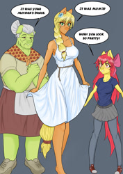 Size: 1224x1728 | Tagged: safe, artist:nwinter3, imported from derpibooru, apple bloom, applejack, granny smith, anthro, earth pony, plantigrade anthro, armpits, babushka, barefoot, breasts, busty applejack, clothes, dress, feet, female