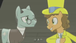 Size: 1920x1080 | Tagged: safe, imported from derpibooru, screencap, cheese sandwich, sans smirk, pony, the last laugh, animated, hat, joke, laughing, pun, sound, subtitles, top hat, webm