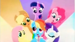 Size: 1280x720 | Tagged: safe, imported from derpibooru, screencap, applejack, fluttershy, pinkie pie, rainbow dash, rarity, twilight sparkle, twilight sparkle (alicorn), alicorn, pony, rainbow roadtrip, female, letter, mane six, multicolored background, needs more jpeg