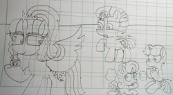 Size: 5136x2818 | Tagged: safe, artist:徐詩珮, imported from derpibooru, fizzlepop berrytwist, glitter drops, sci-twi, spring rain, tempest shadow, twilight sparkle, pony, unicorn, equestria girls, angry, broken horn, equestria girls ponified, female, filly, filly glitter drops, filly spring rain, filly tempest shadow, glittershadow, horn, lesbian, lineart, lined paper, magic, mare, midnight sparkle, polyamory, ponified, shipping, springdrops, springshadow, springshadowdrops, traditional art, younger