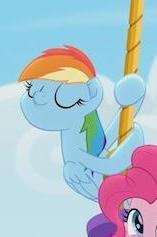 Size: 157x237 | Tagged: safe, imported from derpibooru, screencap, pinkie pie, rainbow dash, earth pony, pegasus, pony, rainbow roadtrip, cropped, cute, dashabetes, eyes closed, female, hot air balloon, mare, picture for breezies, smiling, solo focus
