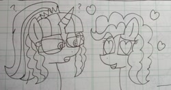 Size: 1049x553 | Tagged: safe, artist:徐詩珮, imported from derpibooru, pinkie pie, sci-twi, twilight sparkle, unicorn, equestria girls, equestria girls ponified, female, heart, heart eyes, lesbian, lineart, lined paper, scitwinkie, shipping, traditional art, twinkie, unicorn sci-twi, wingding eyes