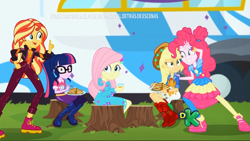 Size: 1366x768 | Tagged: safe, imported from derpibooru, screencap, applejack, fluttershy, pinkie pie, sci-twi, sunset shimmer, twilight sparkle, equestria girls, equestria girls series, sunset's backstage pass!, spoiler:eqg series (season 2), discovery kids, female, food, geode of empathy, geode of sugar bombs, geode of super strength, magical geodes, pancakes, shoes, sneakers, spanish, tree stump