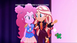 Size: 1366x768 | Tagged: safe, imported from derpibooru, screencap, pinkie pie, sunset shimmer, equestria girls, equestria girls series, sunset's backstage pass!, spoiler:eqg series (season 2), best friends, female, geode of empathy, geode of sugar bombs, magical geodes, music festival outfit