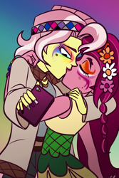 Size: 682x1024 | Tagged: safe, artist:verumteednp, deleted from derpibooru, imported from derpibooru, gloriosa daisy, vignette valencia, equestria girls, blushing, cellphone, clothes, daisyvalencia, eyes closed, female, floral head wreath, flower, freckles, gloriette, headband, hug, kissing, lesbian, makeup, nail polish, phone, pride, pride month, shipping