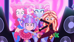 Size: 1366x768 | Tagged: safe, imported from derpibooru, screencap, kiwi lollipop, pinkie pie, sunset shimmer, supernova zap, equestria girls, equestria girls series, sunset's backstage pass!, spoiler:eqg series (season 2), amplifier, female, fight, k-lo, looking at you, music festival outfit, postcrush, shrunken pupils, stage, su-z, time twirler