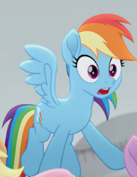 Size: 262x338 | Tagged: safe, imported from derpibooru, screencap, applejack, fluttershy, rainbow dash, twilight sparkle, alicorn, earth pony, pegasus, pony, rainbow roadtrip, cropped, female, flying, gasp, hope hollow, mare, offscreen character, open mouth, reaction image, shocked, solo focus, twilight sparkle (alicorn), wings