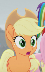 Size: 224x360 | Tagged: safe, imported from derpibooru, screencap, applejack, fluttershy, rainbow dash, earth pony, pegasus, pony, rainbow roadtrip, applejack's hat, cowboy hat, cropped, female, hat, hope hollow, mare, offscreen character, open mouth, reaction image, shocked, solo focus