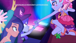 Size: 1366x768 | Tagged: safe, imported from derpibooru, screencap, desert sage, guy grove, kiwi lollipop, sandy cerise, space camp, space camp (character), equestria girls, equestria girls series, sunset's backstage pass!, spoiler:eqg series (season 2), bare shoulders, electric guitar, feet, guitar, hat, high heels, k-lo, legs, musical instrument, offscreen character, sandals, shoes, sleeveless, stage, strapless