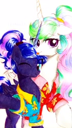 Size: 2322x4128 | Tagged: safe, artist:liaaqila, imported from derpibooru, princess celestia, princess luna, alicorn, pony, between dark and dawn, clothes, duo, duo female, female, mare, one eye closed, royal sisters, simple background, smiling, tongue out, traditional art, white background, wink