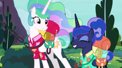 Size: 1920x1080 | Tagged: safe, imported from derpibooru, screencap, princess celestia, princess luna, alicorn, pony, between dark and dawn, backpack, clothes, cute, cutelestia, duo, excited, eyes closed, eyeshadow, female, folded wings, grin, hair bun, hawaiian shirt, luggage, lunabetes, makeup, mare, ponytail, royal sisters, shirt, siblings, sisters, smiling, tail bun, vacation, wings