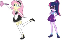 Size: 1162x727 | Tagged: safe, deleted from derpibooru, imported from derpibooru, fluttershy, sci-twi, twilight sparkle, equestria girls, 1000 hours in ms paint, blank expression, chip, clothes, cute, duster, french maid, geode of telekinesis, glasses, gloves, high heels, hypno eyes, magical geodes, maid, mind control, miniskirt, ponytail, sexy, shoes, skirt, socks, thigh highs