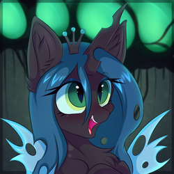 Size: 3000x3000 | Tagged: safe, artist:pesty_skillengton, imported from derpibooru, queen chrysalis, alicorn, changeling, changeling queen, pony, bust, chest fluff, crown, cute, cutealis, female, jewelry, looking up, open mouth, open smile, portrait, regalia, smiling, solo