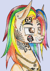 Size: 568x804 | Tagged: safe, artist:brittle_part, imported from derpibooru, pony, 69 (number), 6ix9ine, body writing, bust, ear fluff, gold chain, grills, head only, jewelry, jigsaw, necklace, piercing, ponified, rainbow hair, solo, tattoo, traditional art