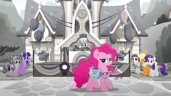 Size: 1920x1080 | Tagged: safe, imported from derpibooru, screencap, applejack, petunia petals, pinkie pie, rarity, sunny skies, torque wrench, twilight sparkle, alicorn, earth pony, pony, unicorn, rainbow roadtrip, bandana, desaturated, discovery family logo, female, hat, karaoke, male, mare, microphone, stallion, top hat, twilight sparkle (alicorn)