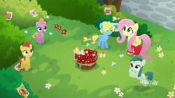 Size: 1920x1080 | Tagged: safe, imported from derpibooru, screencap, autumn saffron, dawn droplet, fluttershy, spring sprout, thistle rain, butterfly, earth pony, pegasus, pony, rainbow roadtrip, background pony, bush, butt, butterfly garden, colt, cute, discovery family logo, female, filly, flower, foal, leg warmers, male, mare, plot, shyabetes