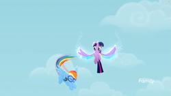 Size: 1699x956 | Tagged: safe, imported from derpibooru, screencap, rainbow dash, twilight sparkle, alicorn, pegasus, pony, rainbow roadtrip, cloud, colored wings, discovery family logo, flying, goggles, multicolored wings, rainbow wings, sky, twilight sparkle (alicorn), wing bling, wings