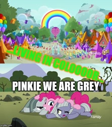 Size: 500x562 | Tagged: safe, edit, edited screencap, imported from derpibooru, screencap, applejack, fluttershy, kerfuffle, limestone pie, marble pie, moody root, mr. hoofington, mrs. hoofington, petunia petals, pinkie pie, rainbow dash, rarity, sunny skies, torque wrench, twilight sparkle, pony, rainbow roadtrip, the maud couple, background pony, bowtie, caption, discovery family logo, hat, image macro, mane six, text, top hat, unnamed character, unnamed pony