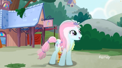 Size: 1699x956 | Tagged: safe, imported from derpibooru, screencap, kerfuffle, pegasus, pony, rainbow roadtrip, amputee, bush, cloud, discovery family logo, female, happy, hill, hope hollow, outdoors, prosthetic leg, prosthetic limb, prosthetics, solo, stained glass, tree