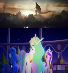 Size: 810x878 | Tagged: safe, edit, edited screencap, imported from derpibooru, screencap, princess cadance, princess celestia, princess luna, my little pony: the movie, behemoth, bosmuto, bowing, comparison, crossover, godzilla, godzilla (monsterverse), godzilla (series), godzilla: king of the monsters 2019, methuselah, monsterverse, muto, rodan, scylla, spoilers for another series, wrong aspect ratio