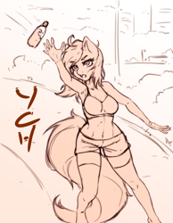 Size: 2186x2810 | Tagged: safe, artist:kindpineapple, imported from derpibooru, anthro, advertisement, armpits, bottle, clothes, commission, female, marathon, mare, running, shorts, solo, sports, stockings, thigh highs, water, ych example, your character here