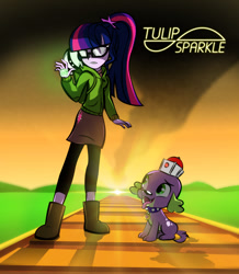 Size: 852x977 | Tagged: safe, artist:dan232323, imported from derpibooru, sci-twi, spike, spike the regular dog, twilight sparkle, dog, equestria girls, atticus (infinity train), crown, female, infinity train, jewelry, male, one-one, regalia, tulip (infinity train), tulip olsen