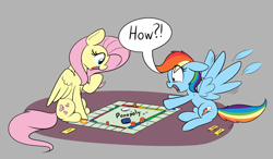 Size: 3230x1887 | Tagged: safe, artist:taurson, imported from derpibooru, fluttershy, rainbow dash, pegasus, pony, atg 2019, board game, dialogue, duo, female, looking at something, mare, monopoly, newbie artist training grounds, shocked, simple background, sitting, speech bubble