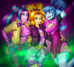 Size: 2644x2419 | Tagged: safe, artist:mandy1412, imported from derpibooru, adagio dazzle, aria blaze, sonata dusk, equestria girls, equestria girls series, find the magic, spoiler:eqg series (season 2), clothes, dress, female, food, jacket, leather jacket, ponytail, shorts, smiling, taco, taco dress, the dazzlings, the dazzlings have returned, trio