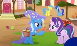 Size: 718x429 | Tagged: safe, imported from derpibooru, screencap, lemon hearts, minuette, starlight glimmer, trixie, pony, unicorn, rainbow roadtrip, apple, female, food, mare, saddle bag