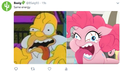 Size: 579x344 | Tagged: safe, edit, edited screencap, imported from derpibooru, screencap, fluttershy, pinkie pie, earth pony, human, pegasus, pony, rainbow roadtrip, bloodshot eyes, crazy face, faic, homer simpson, meme, pinkie pie is best facemaker, same energy, simpsons did it, terrorize, the shinning, the simpsons, treehouse of horror, wat