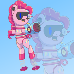 Size: 2000x2000 | Tagged: safe, artist:trackheadtherobopony, imported from derpibooru, pinkie pie, pony, robot, robot pony, arm cannon, female, jumping, party cannon, pinkie bot, roboticization, solo, springs, zoom layer