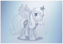 Size: 1073x759 | Tagged: safe, artist:sherwoodwhisper, imported from derpibooru, princess luna, alicorn, pony, female, jewelry, looking at you, mare, monochrome, regalia, s1 luna, solo, traditional art