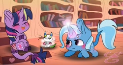 Size: 1280x680 | Tagged: safe, artist:kiwi4578, imported from derpibooru, angel bunny, trixie, twilight sparkle, alicorn, blushing, chibi, cute, female, glowing horn, golden oaks library, horn, horns, laughing, lesbian, magic, shipping, tail, transformation, twilight sparkle (alicorn), twixie, wings