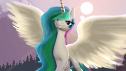 Size: 1280x720 | Tagged: safe, artist:zsnowfilez, imported from derpibooru, princess celestia, pony, 3d, female, lens flare, solo, source filmmaker, sun