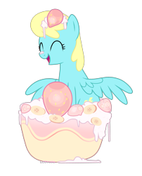 Size: 3553x4400 | Tagged: safe, artist:losyara, imported from derpibooru, sassaflash, pegasus, pony, background pony, commission, dessert, eyes closed, female, food, mare, simple background, smiling, solo, strawberry, transparent background