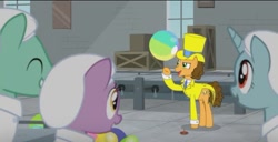 Size: 645x329 | Tagged: safe, imported from derpibooru, screencap, cheese sandwich, raspberry cotton, earth pony, pony, unicorn, the last laugh, balloon, beach ball, box, clothes, early, factory, hat, needle, song, summer, yellow