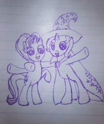 Size: 1080x1284 | Tagged: safe, imported from derpibooru, starlight glimmer, trixie, pony, unicorn, bipedal, hat, lineart, side hug, sketch, traditional art