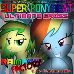 Size: 1200x1200 | Tagged: safe, imported from derpibooru, rainbow dash, oc, oc:wooden toaster, pony, fanfic:rainbow factory, cloudsdale, cover art, creepypasta, rainbow factory (song), rainbow factory song, remix, super ponybeat, super ponybeat ultimate cross, ultimate cross