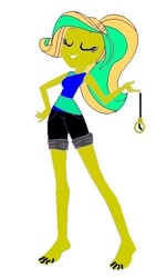Size: 306x544 | Tagged: safe, imported from derpibooru, oc, oc only, oc:golden spiral, equestria girls, barefoot, blonde hair, clothes, cute, eyes closed, feet, legs, pocket watch, sexy, shorts, solo