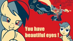 Size: 1192x670 | Tagged: safe, artist:einlustigervogel, imported from derpibooru, rainbow dash, scootaloo, pegasus, pony, fanfic:rainbow factory, cloudsdale, female, filly, heart eyes, hooves together, mare, scootalove, shepard fairey, want it need it, wingding eyes