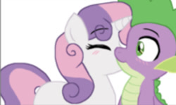 Size: 391x233 | Tagged: safe, artist:sketchstar-mids-sis, imported from derpibooru, spike, sweetie belle, dragon, pony, unicorn, blushing, cheek kiss, cute, daaaaaaaaaaaw, eyes closed, female, filly, interspecies, kiss on the cheek, kissing, lowres, male, shipping, simple background, spikebelle, straight, white background