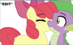 Size: 390x239 | Tagged: safe, artist:sketchstar-mids-sis, edit, imported from derpibooru, apple bloom, spike, dragon, earth pony, pony, blushing, cheek kiss, cute, daaaaaaaaaaaw, eyes closed, female, filly, interspecies, kiss on the cheek, kissing, lowres, male, shipping, simple background, spikebloom, straight, white background