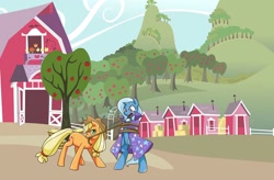 Size: 1080x709 | Tagged: artist needed, source needed, safe, imported from derpibooru, applejack, trixie, earth pony, pony, unicorn, apple, bipedal, bondage, bucket, cape, clothes, female, food, lasso, lesbian, mare, mouth hold, rope, rope bondage, shipping, tied up, tree, tripplejack, trixie's cape