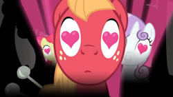 Size: 1280x720 | Tagged: safe, artist:omegaozone, imported from derpibooru, apple bloom, big macintosh, sweetie belle, earth pony, pony, unicorn, applebetes, big macintosh's yoke, bow, cute, delta heavy, diasweetes, female, filly, foal, freckles, hair bow, heart eyes, hold me, horn, horse collar, male, music video, song parody, stallion, want it need it, wingding eyes, yoke, youtube link