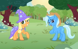 Size: 928x590 | Tagged: artist needed, source needed, safe, imported from derpibooru, applejack, trixie, earth pony, pony, unicorn, accessory swap, applejack's hat, cape, clothes, cowboy hat, female, hat, lesbian, mare, raised hoof, shipping, tripplejack, trixie's cape, trixie's hat